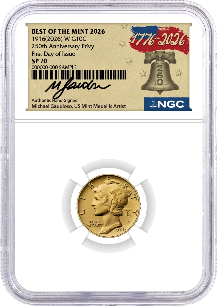 1916(2026) W 10C 24K Gold Mercury Dime with Liberty Bell Privy + Companion Silver Medal Best of the Mint NGC SP70 FDOI Gaudioso Signed 1776 Freedom Label with Bonus 1776 2-Coin Display Case