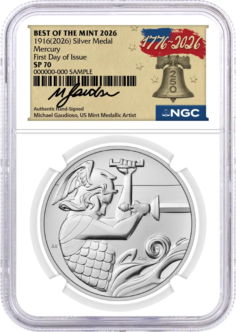 1916(2026) W 10C 24K Gold Mercury Dime with Liberty Bell Privy + Companion Silver Medal Best of the Mint NGC SP70 FDOI Gaudioso Signed 1776 Freedom Label with Bonus 1776 2-Coin Display Case