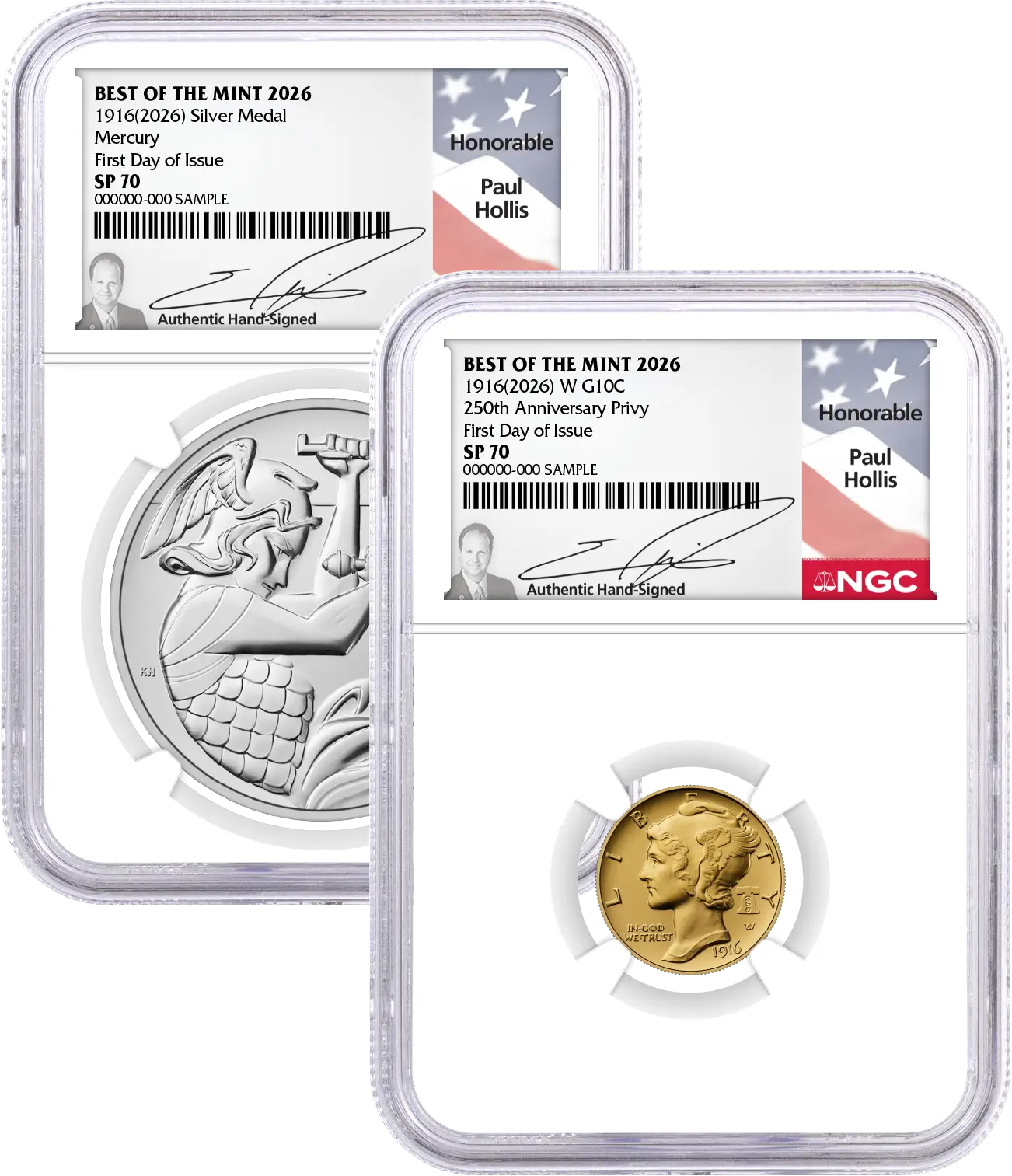 1916(2026) W 10C 24K Gold Mercury Dime with Liberty Bell Privy + Companion Silver Medal Best of the Mint NGC SP70 FDOI Hollis Signed Flag Label with Bonus 1776 2-Coin Display Case