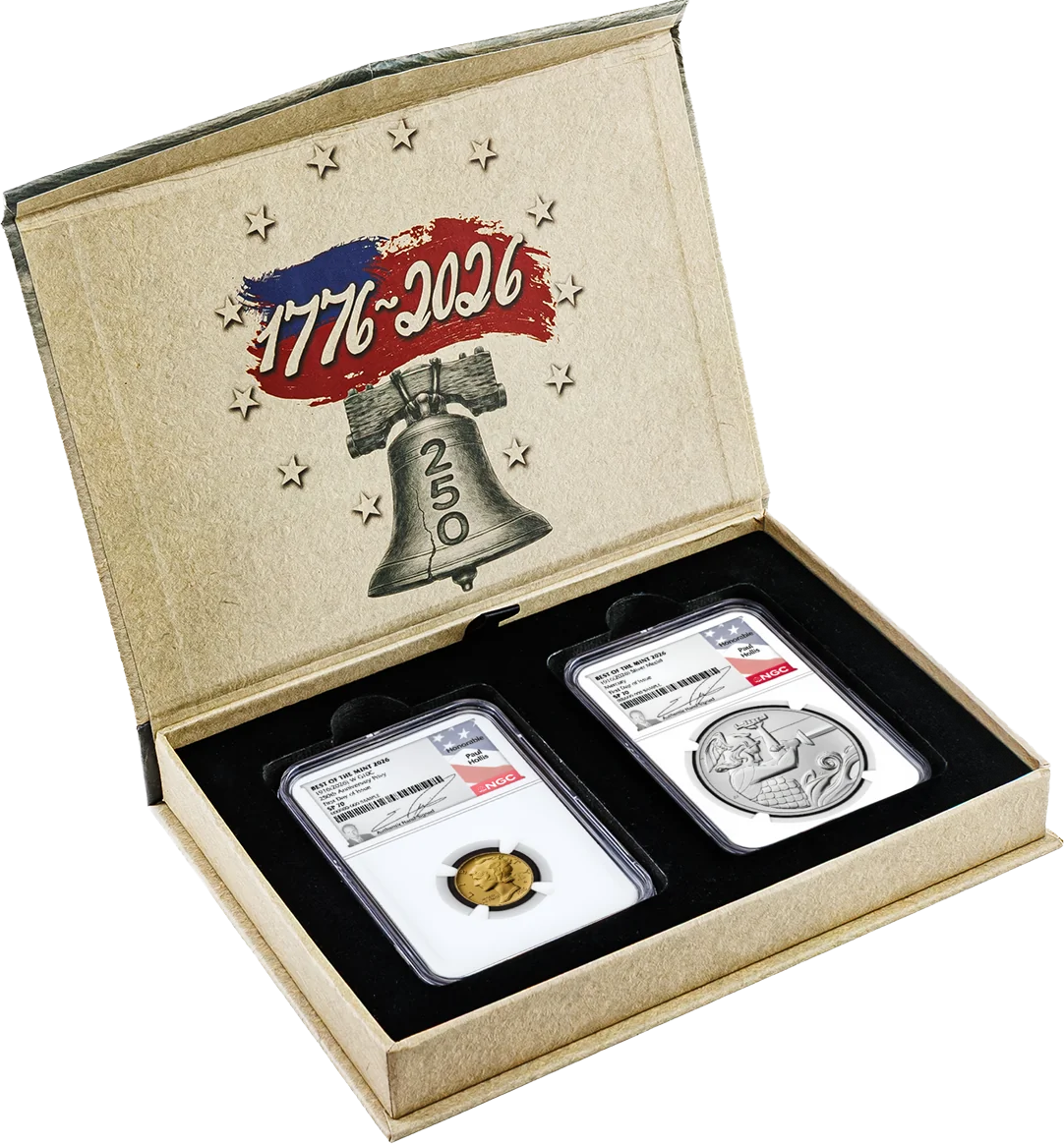 1916(2026) W 10C 24K Gold Mercury Dime with Liberty Bell Privy + Companion Silver Medal Best of the Mint NGC SP70 FDOI Hollis Signed Flag Label with Bonus 1776 2-Coin Display Case