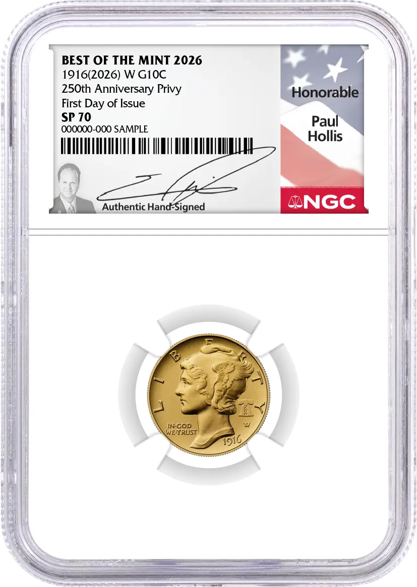 1916(2026) W 10C 24K Gold Mercury Dime with Liberty Bell Privy + Companion Silver Medal Best of the Mint NGC SP70 FDOI Hollis Signed Flag Label with Bonus 1776 2-Coin Display Case