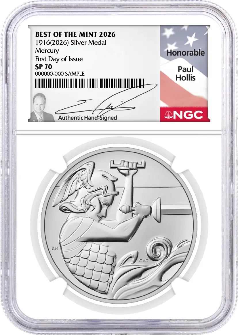 1916(2026) W 10C 24K Gold Mercury Dime with Liberty Bell Privy + Companion Silver Medal Best of the Mint NGC SP70 FDOI Hollis Signed Flag Label with Bonus 1776 2-Coin Display Case