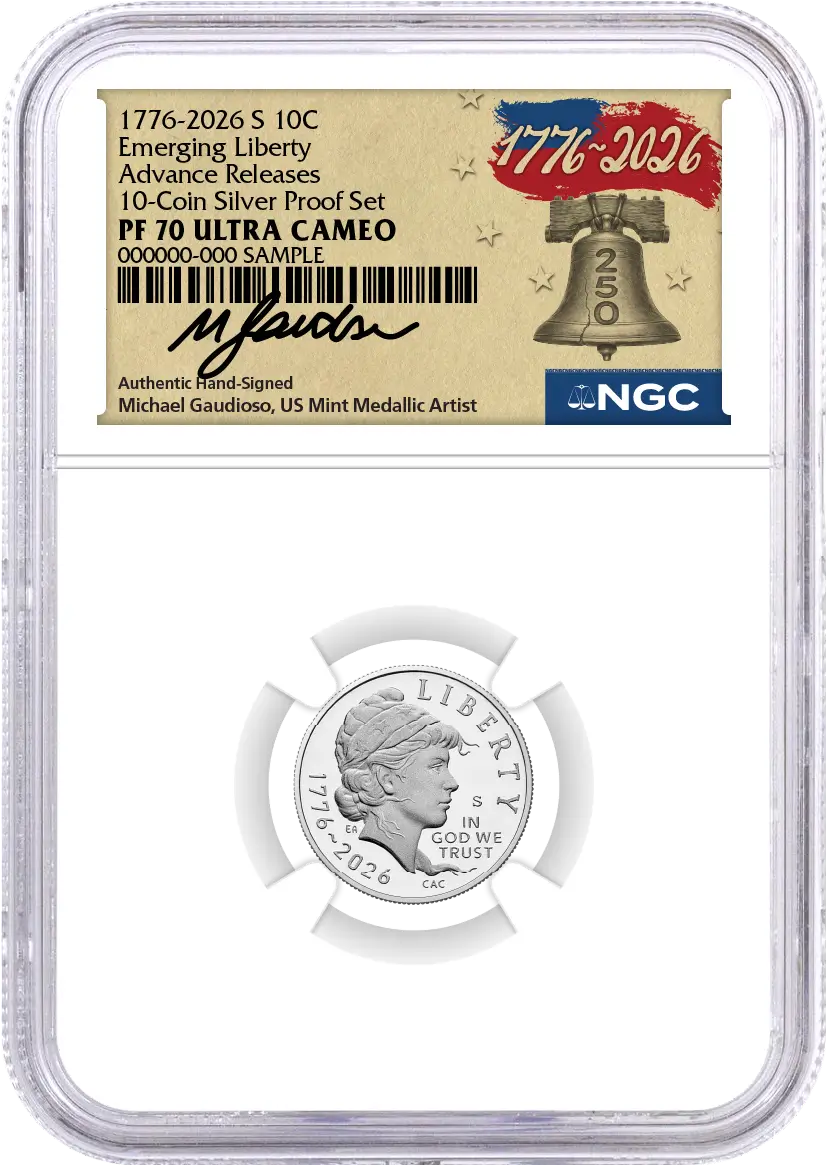 2026 S Semiquincentennial Silver Proof 10-Coin Set NGC PF70 UCAM Advance Releases Gaudioso Signed 1776 Freedom Label with Coin Advisor 10-Slab Box