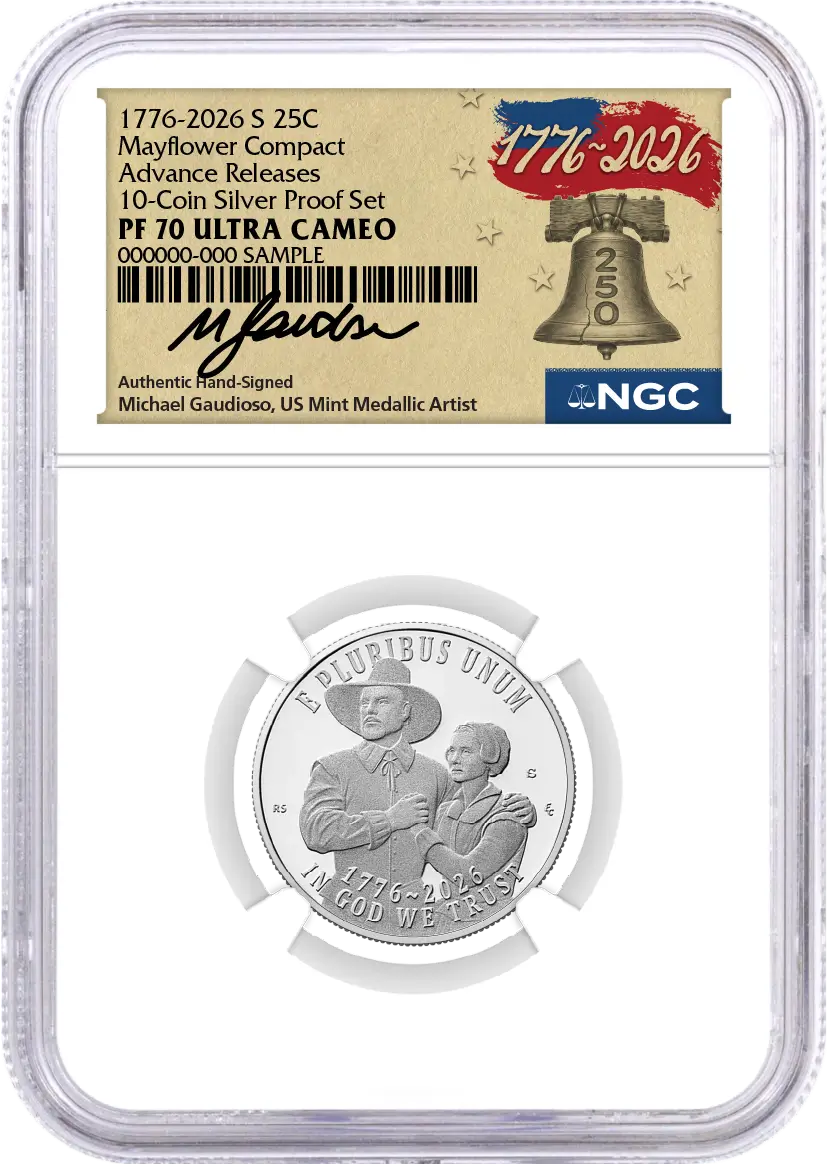 2026 S Semiquincentennial Silver Proof 10-Coin Set NGC PF70 UCAM Advance Releases Gaudioso Signed 1776 Freedom Label with Coin Advisor 10-Slab Box