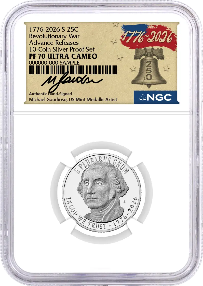 2026 S Semiquincentennial Silver Proof 10-Coin Set NGC PF70 UCAM Advance Releases Gaudioso Signed 1776 Freedom Label with Coin Advisor 10-Slab Box