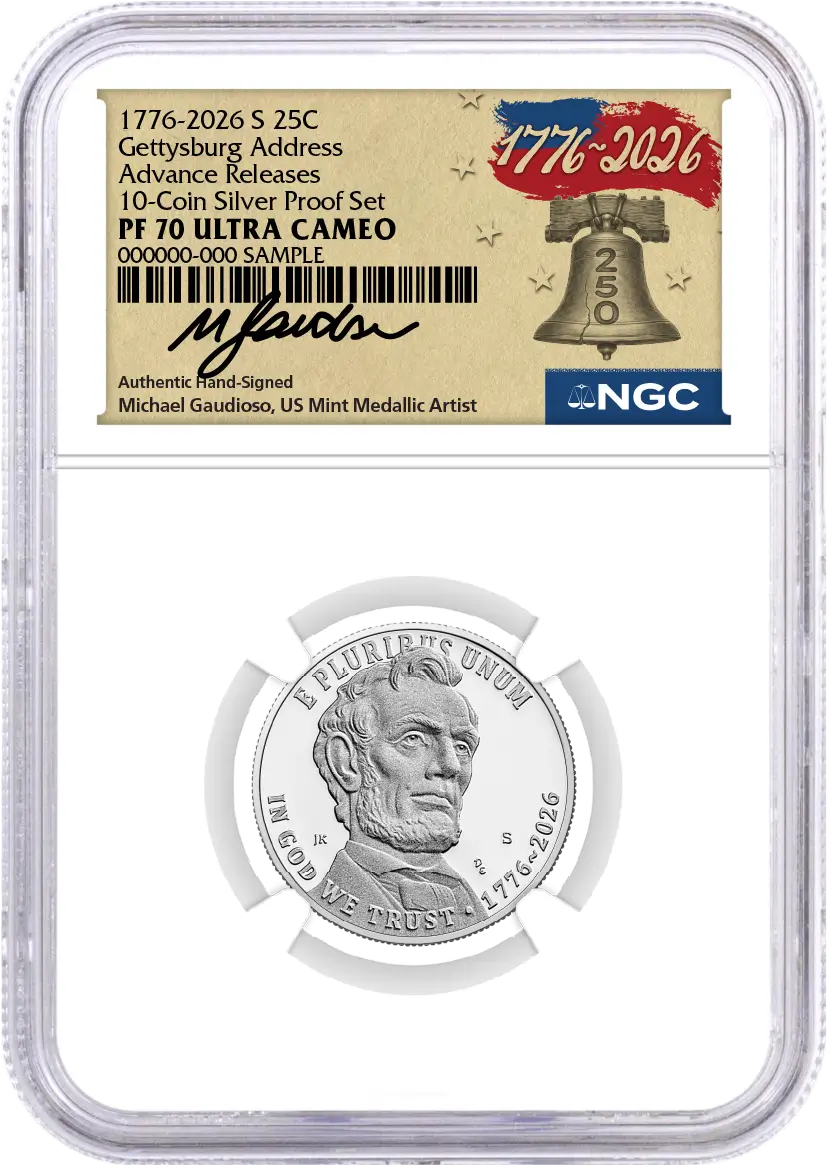2026 S Semiquincentennial Silver Proof 10-Coin Set NGC PF70 UCAM Advance Releases Gaudioso Signed 1776 Freedom Label with Coin Advisor 10-Slab Box