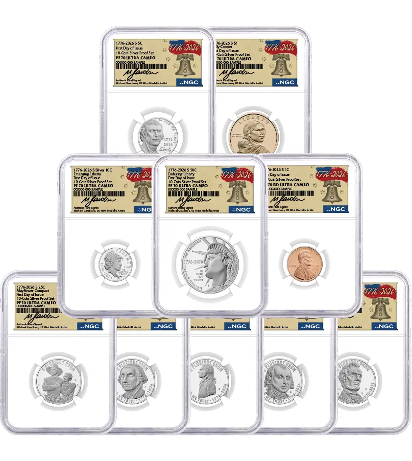 2026 S Semiquincentennial Silver Proof 10-Coin Set NGC PF70 UCAM First Day of Issue Gaudioso Signed 1776 Freedom Label with Coin Advisor 10-Slab Box