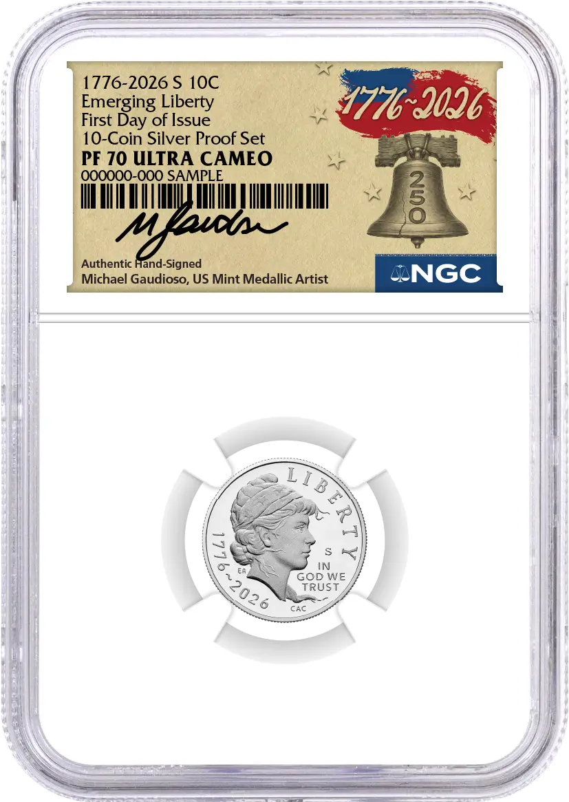 2026 S Semiquincentennial Silver Proof 10-Coin Set NGC PF70 UCAM First Day of Issue Gaudioso Signed 1776 Freedom Label with Coin Advisor 10-Slab Box