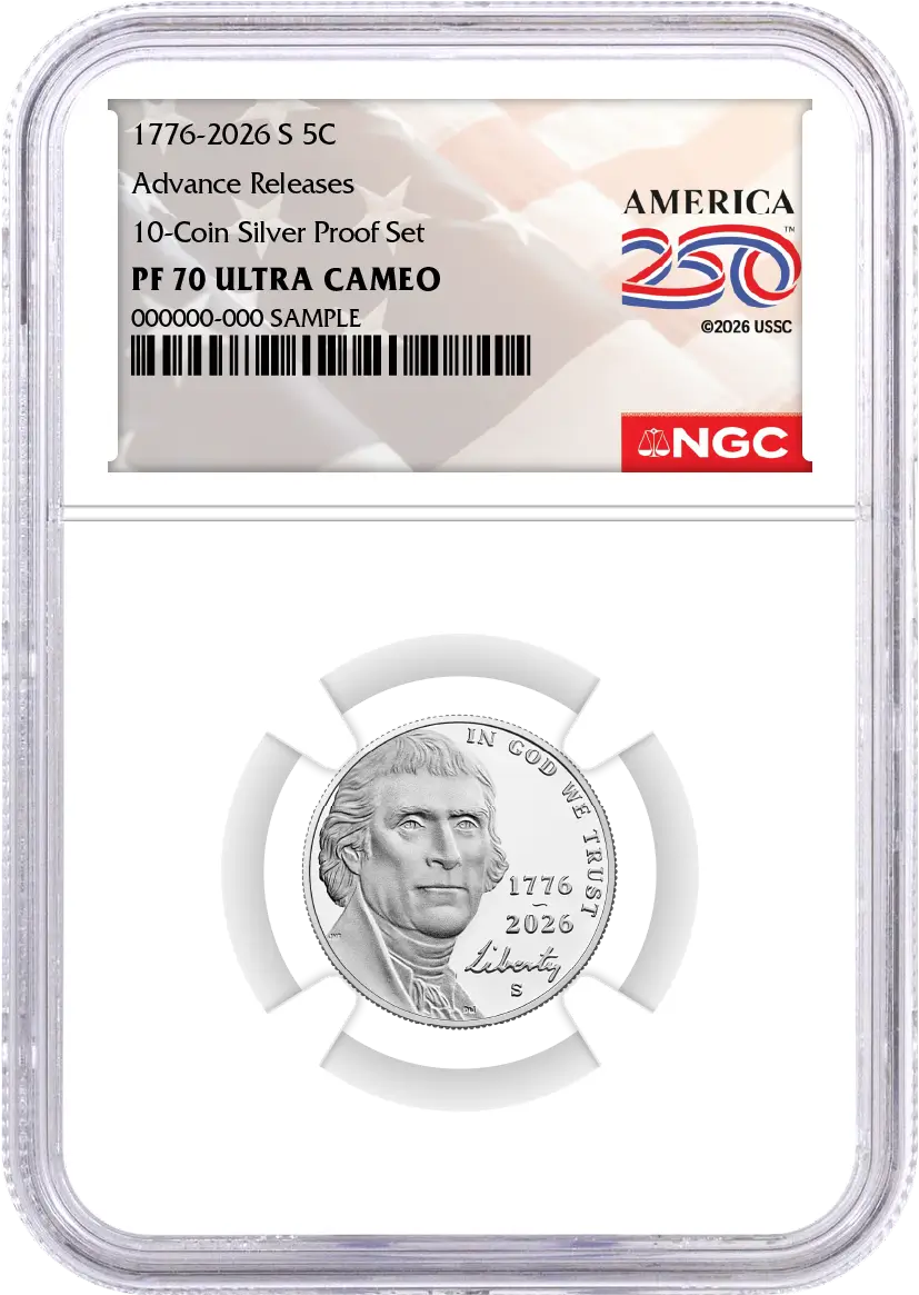 2026 S Semiquincentennial Silver Proof 10-Coin Set NGC PF70 UCAM Advance Releases America250™ Label with Coin Advisor 10-Slab Box