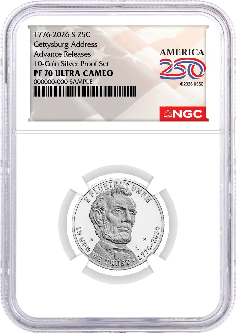 2026 S Semiquincentennial Silver Proof 10-Coin Set NGC PF70 UCAM Advance Releases America250™ Label with Coin Advisor 10-Slab Box