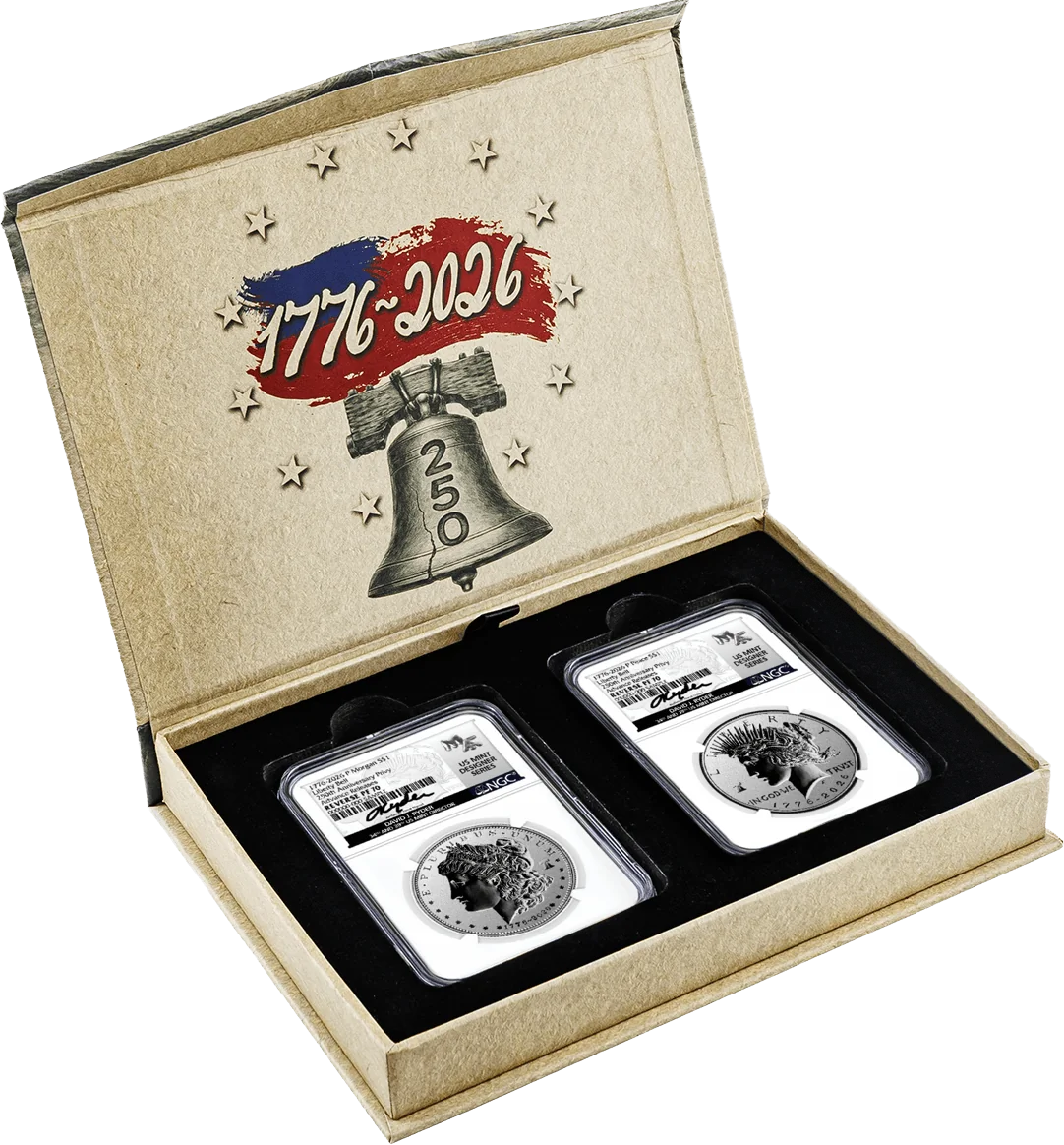 1776-2026 P $1 Reverse Proof Silver Morgan Dollar and Peace Dollar 2-Coin Set NGC Reverse PF70 Advance Releases Ryder Signed US Mint Designer Series with Bonus 1776 2-Coin Display Case