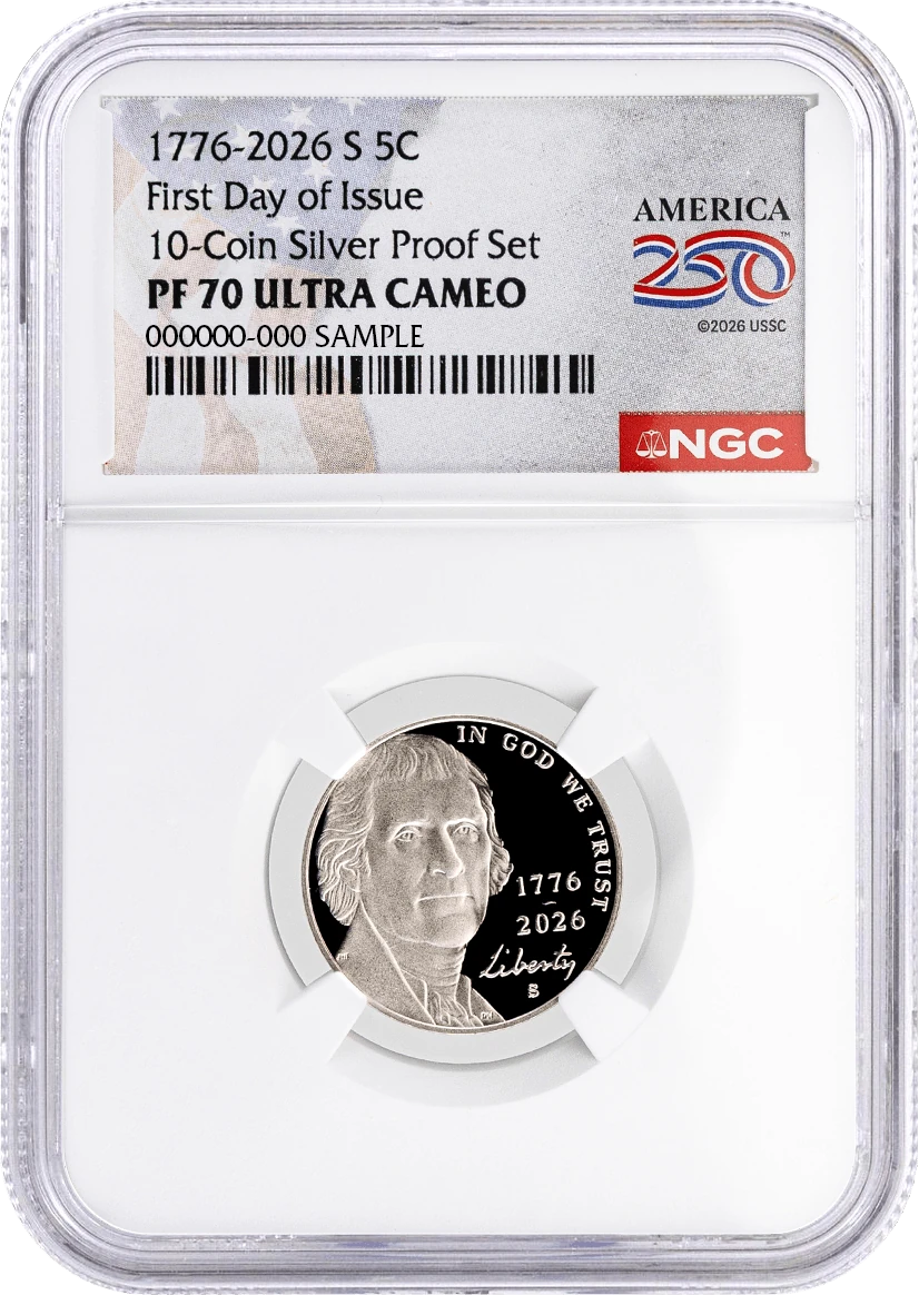 2026 S Semiquincentennial Silver Proof 10-Coin Set NGC PF70 UCAM First Day of Issue America250™ Label #2 with Coin Advisor 10-Slab Box