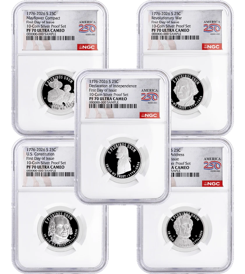 2026 S Semiquincentennial Silver Proof Set 5-Quarter Set NGC PF70 UCAM First Day of Issue America250™ Label #2