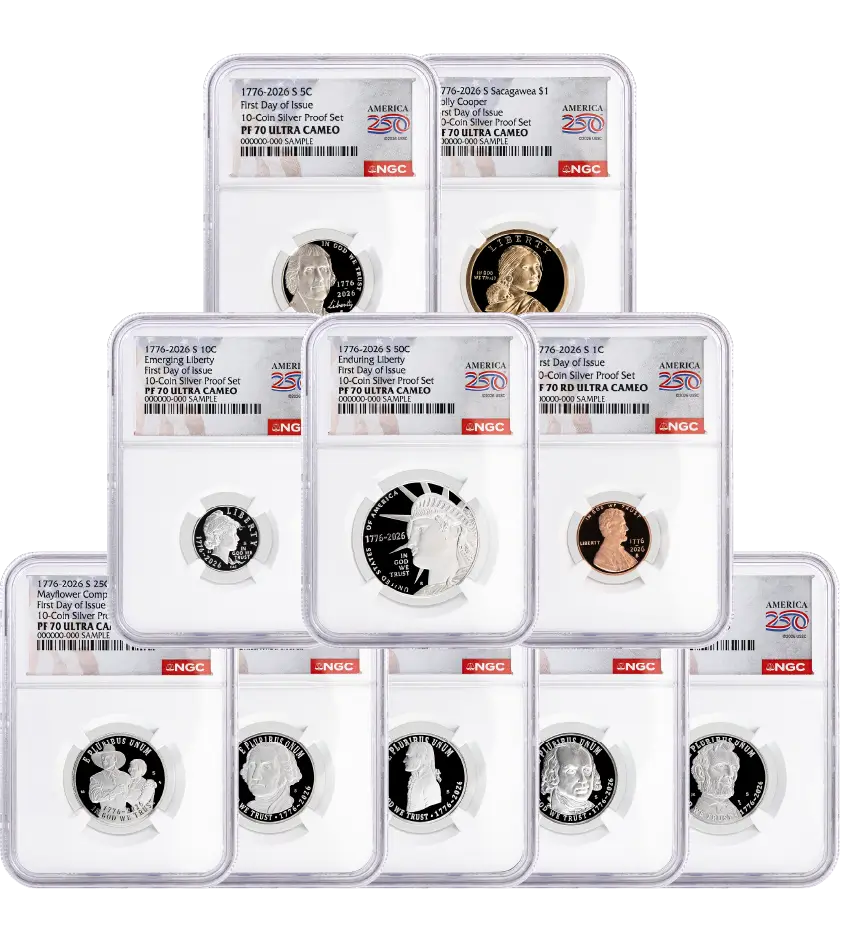 2026 S Semiquincentennial Silver Proof 10-Coin Set NGC PF70 UCAM First Day of Issue America250™ Label #2 with Coin Advisor 10-Slab Box