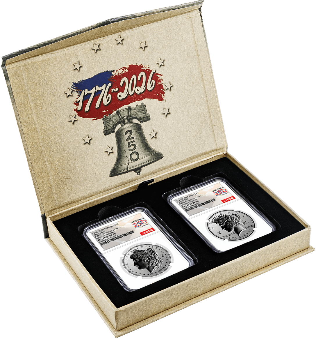 1776-2026 P $1 Reverse Proof Silver Morgan Dollar and Peace Dollar 2-Coin Set NGC Reverse PF70 Advance Releases America250™ Label with Bonus 1776 2-Coin Display Case