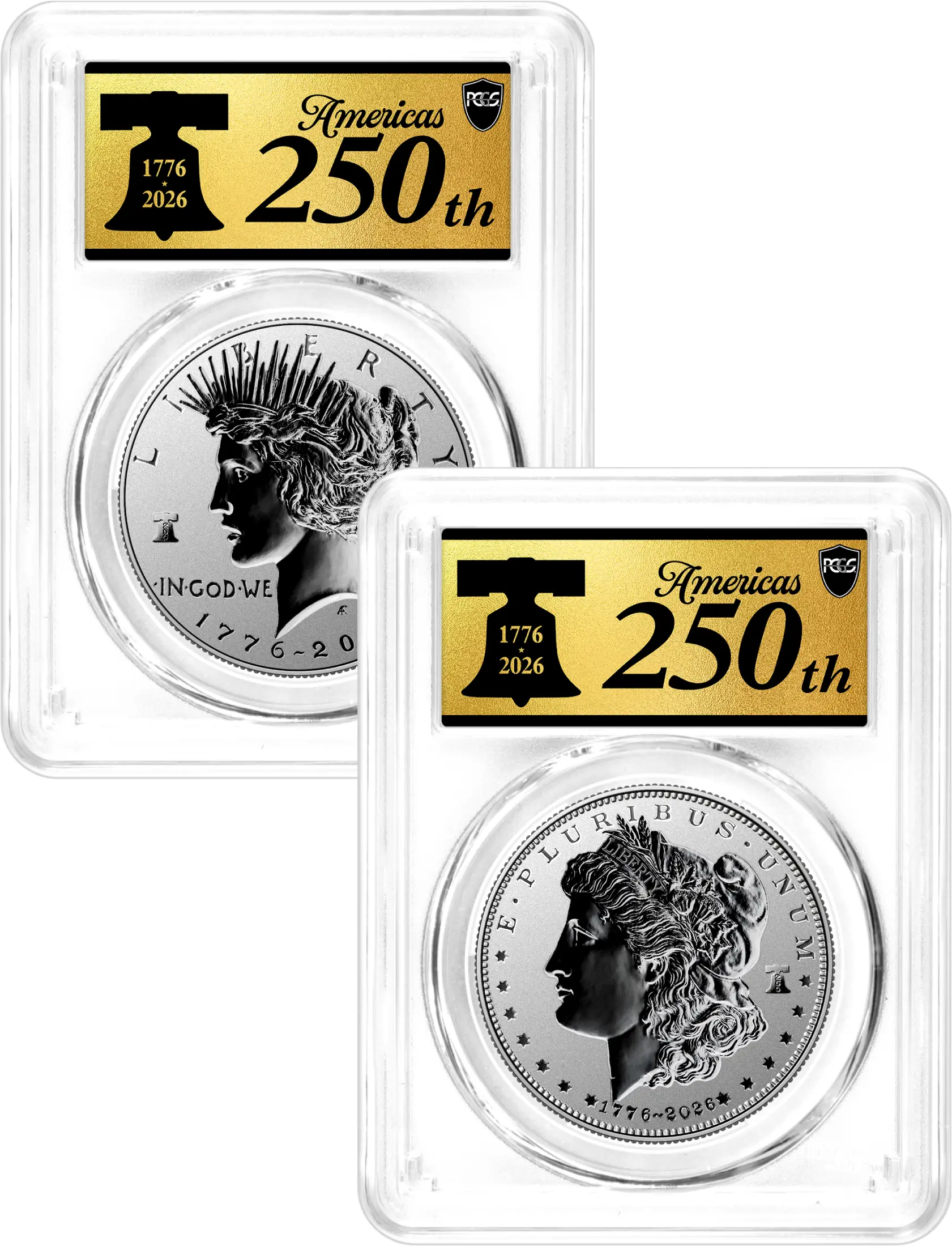 1776-2026 P $1 Reverse Proof Silver Morgan Dollar and Peace Dollar 2-Coin Set PCGS Reverse PR70 Advanced Release America's 250th Gold Label with Bonus 1776 2-Coin Display Case