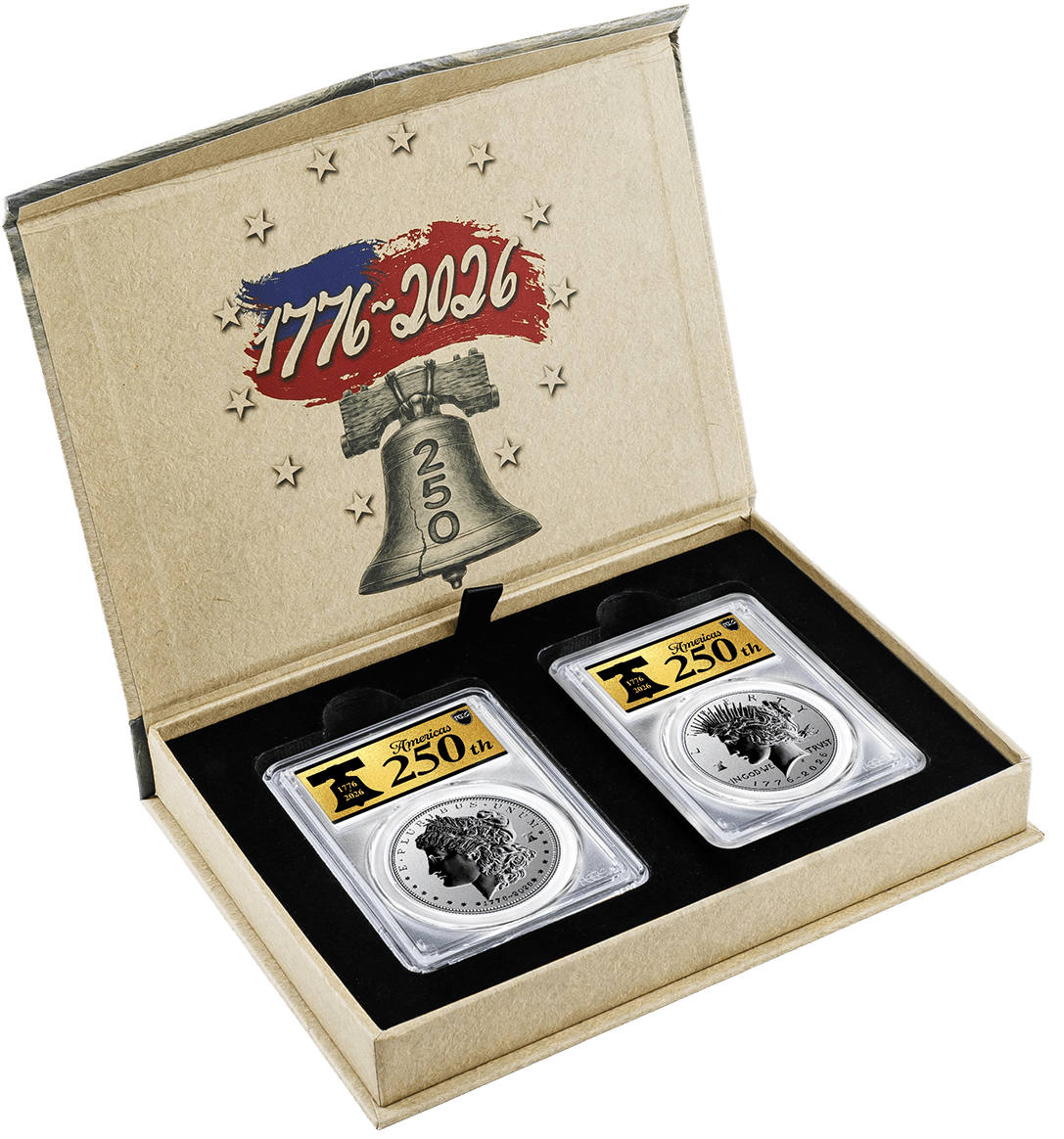1776-2026 P $1 Reverse Proof Silver Morgan Dollar and Peace Dollar 2-Coin Set PCGS Reverse PR70 Advanced Release America's 250th Gold Label with Bonus 1776 2-Coin Display Case