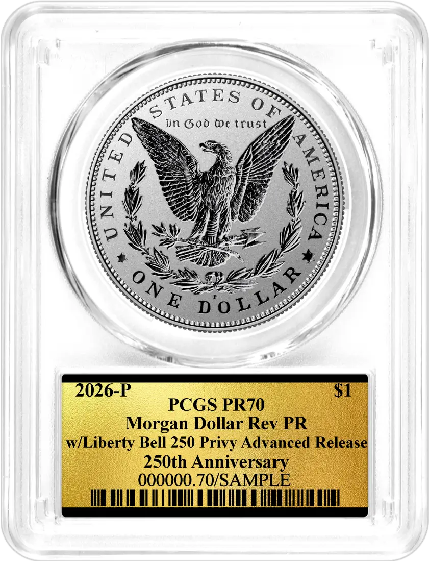 1776-2026 P $1 Reverse Proof Silver Morgan Dollar and Peace Dollar 2-Coin Set PCGS Reverse PR70 Advanced Release America's 250th Gold Label with Bonus 1776 2-Coin Display Case