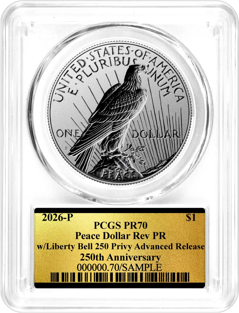 1776-2026 P $1 Reverse Proof Silver Morgan Dollar and Peace Dollar 2-Coin Set PCGS Reverse PR70 Advanced Release America's 250th Gold Label with Bonus 1776 2-Coin Display Case