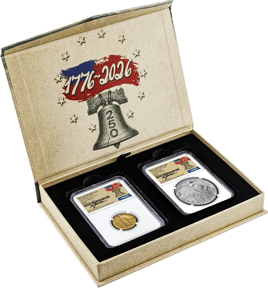 1916(2026) W 25C 24K Gold Standing Liberty Quarter with Liberty Bell Privy + Companion Silver Medal Best of the Mint NGC SP70 Advance Releases Gaudioso Signed 1776 Freedom Label with Bonus 1776 2-Coin Display Case