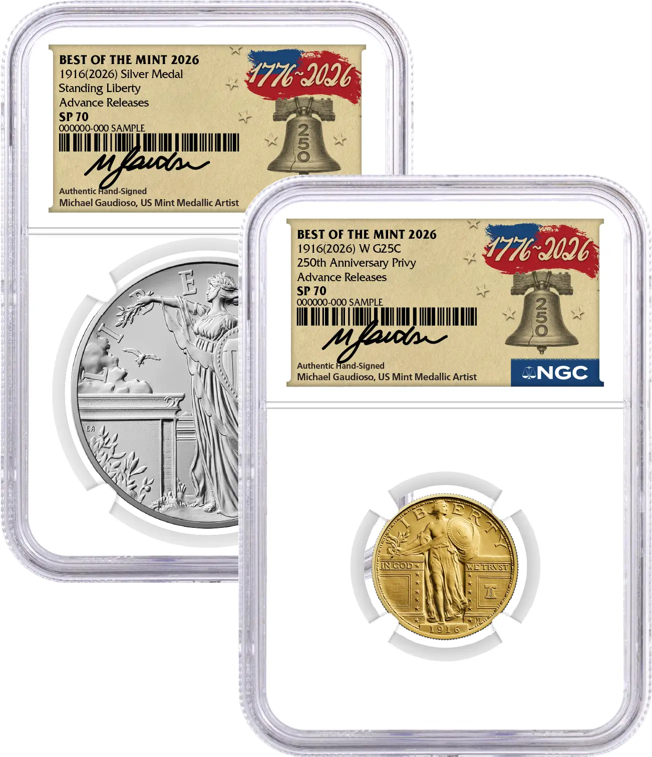 1916(2026) W 25C 24K Gold Standing Liberty Quarter with Liberty Bell Privy + Companion Silver Medal Best of the Mint NGC SP70 Advance Releases Gaudioso Signed 1776 Freedom Label with Bonus 1776 2-Coin Display Case