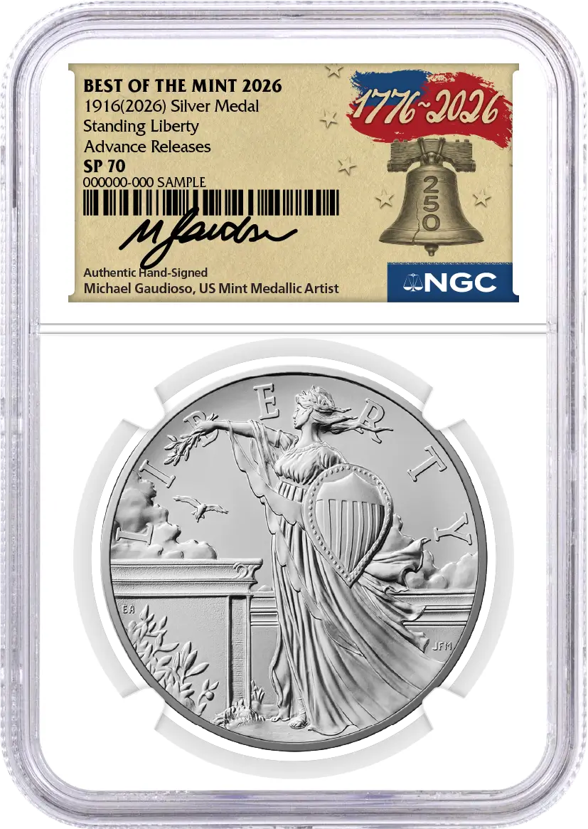 1916(2026) W 25C 24K Gold Standing Liberty Quarter with Liberty Bell Privy + Companion Silver Medal Best of the Mint NGC SP70 Advance Releases Gaudioso Signed 1776 Freedom Label with Bonus 1776 2-Coin Display Case