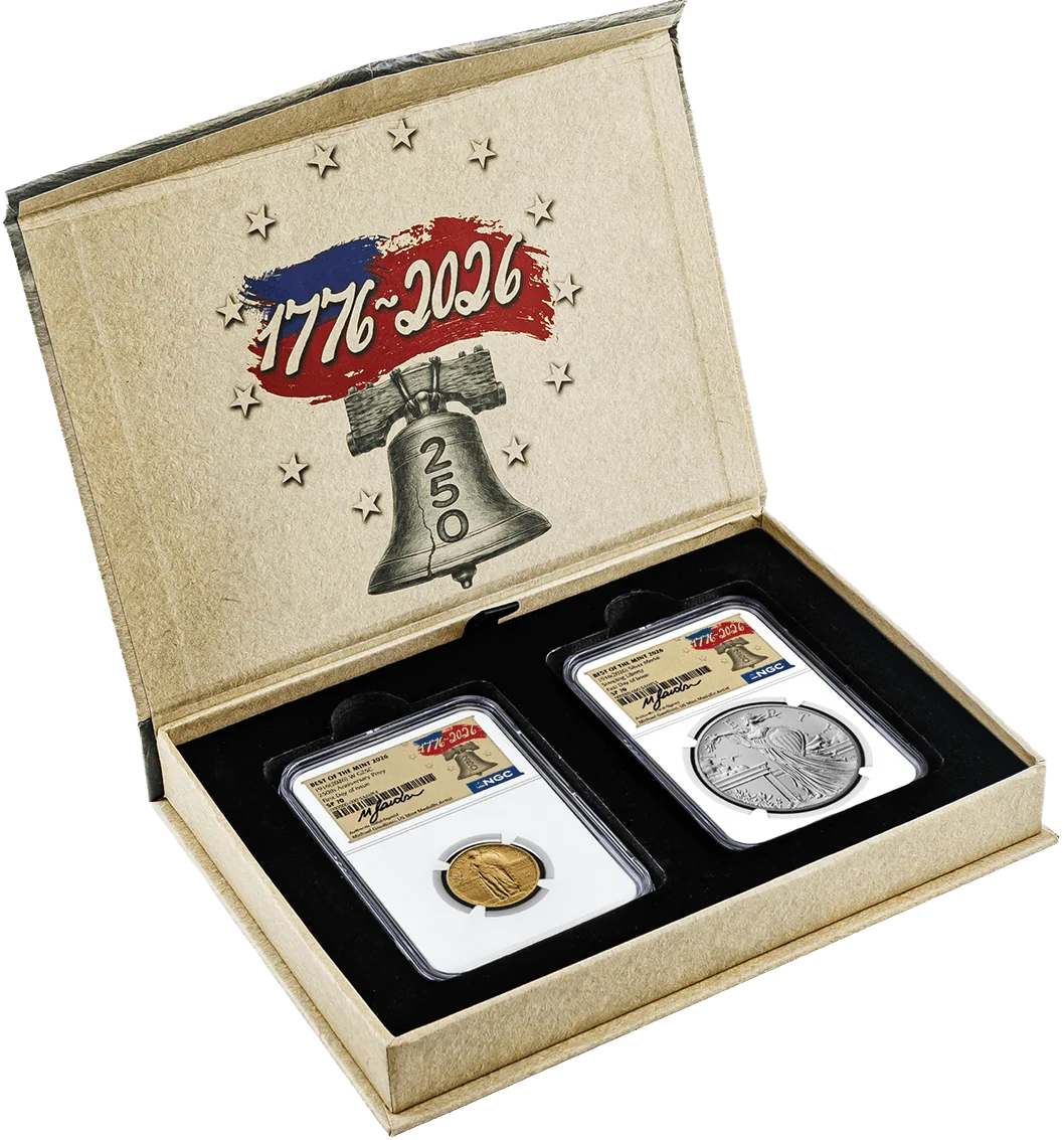 1916(2026) W 25C 24K Gold Standing Liberty Quarter with Liberty Bell Privy + Companion Silver Medal Best of the Mint NGC SP70 FDOI Gaudioso Signed 1776 Freedom Label with Bonus 1776 2-Coin Display Case