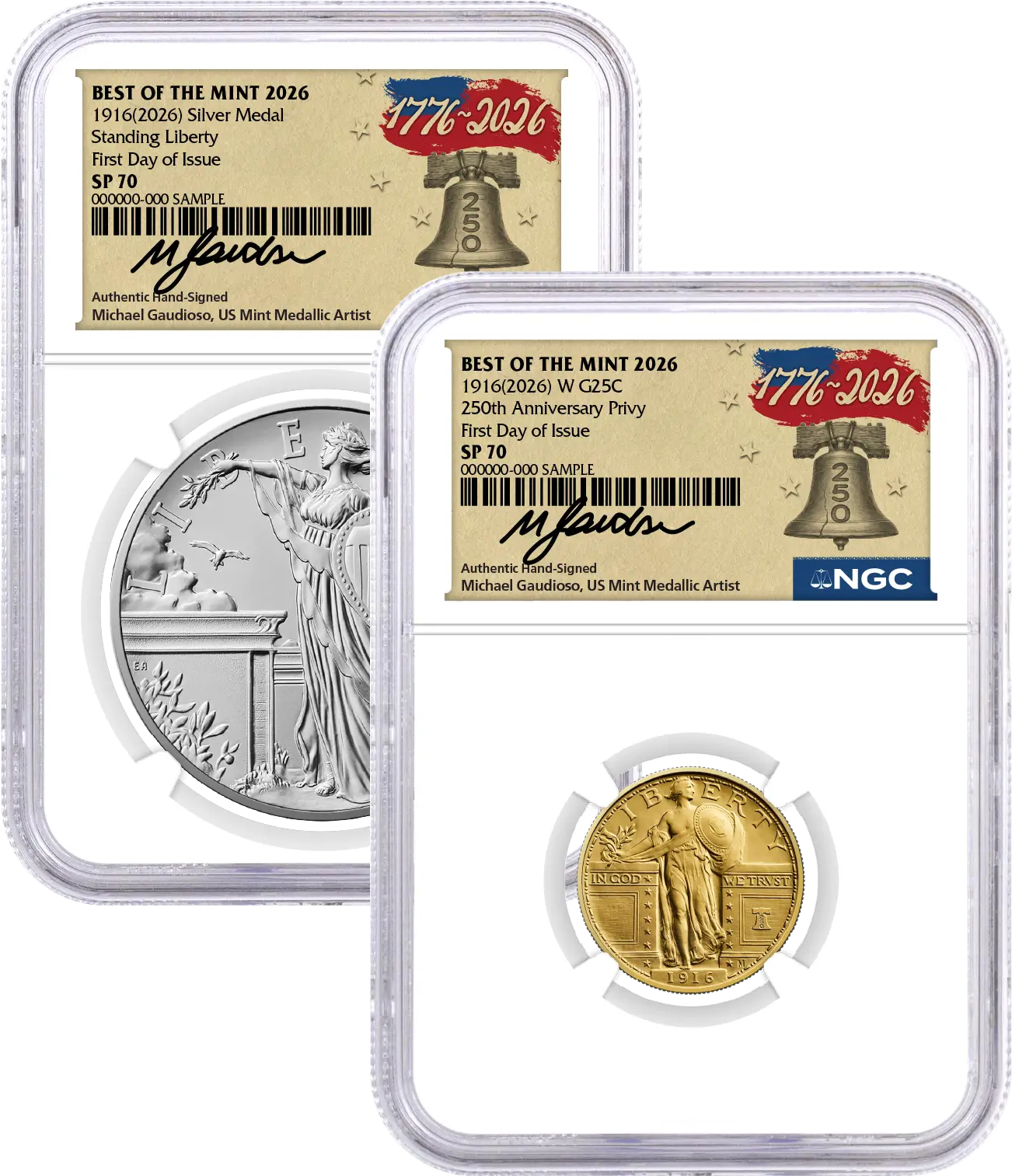 1916(2026) W 25C 24K Gold Standing Liberty Quarter with Liberty Bell Privy + Companion Silver Medal Best of the Mint NGC SP70 FDOI Gaudioso Signed 1776 Freedom Label with Bonus 1776 2-Coin Display Case