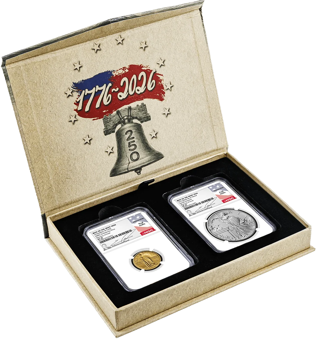 1916(2026) W 25C 24K Gold Standing Liberty Quarter with Liberty Bell Privy + Companion Silver Medal Best of the Mint NGC SP70 FDOI Hollis Signed Flag Label with Bonus 1776 2-Coin Display Case
