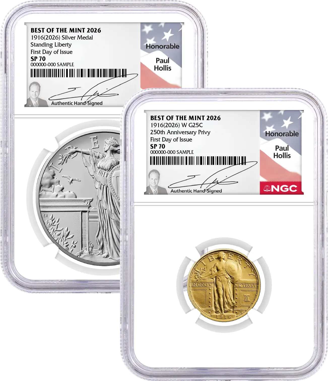 1916(2026) W 25C 24K Gold Standing Liberty Quarter with Liberty Bell Privy + Companion Silver Medal Best of the Mint NGC SP70 FDOI Hollis Signed Flag Label with Bonus 1776 2-Coin Display Case