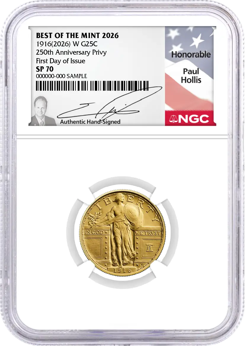 1916(2026) W 25C 24K Gold Standing Liberty Quarter with Liberty Bell Privy + Companion Silver Medal Best of the Mint NGC SP70 FDOI Hollis Signed Flag Label with Bonus 1776 2-Coin Display Case