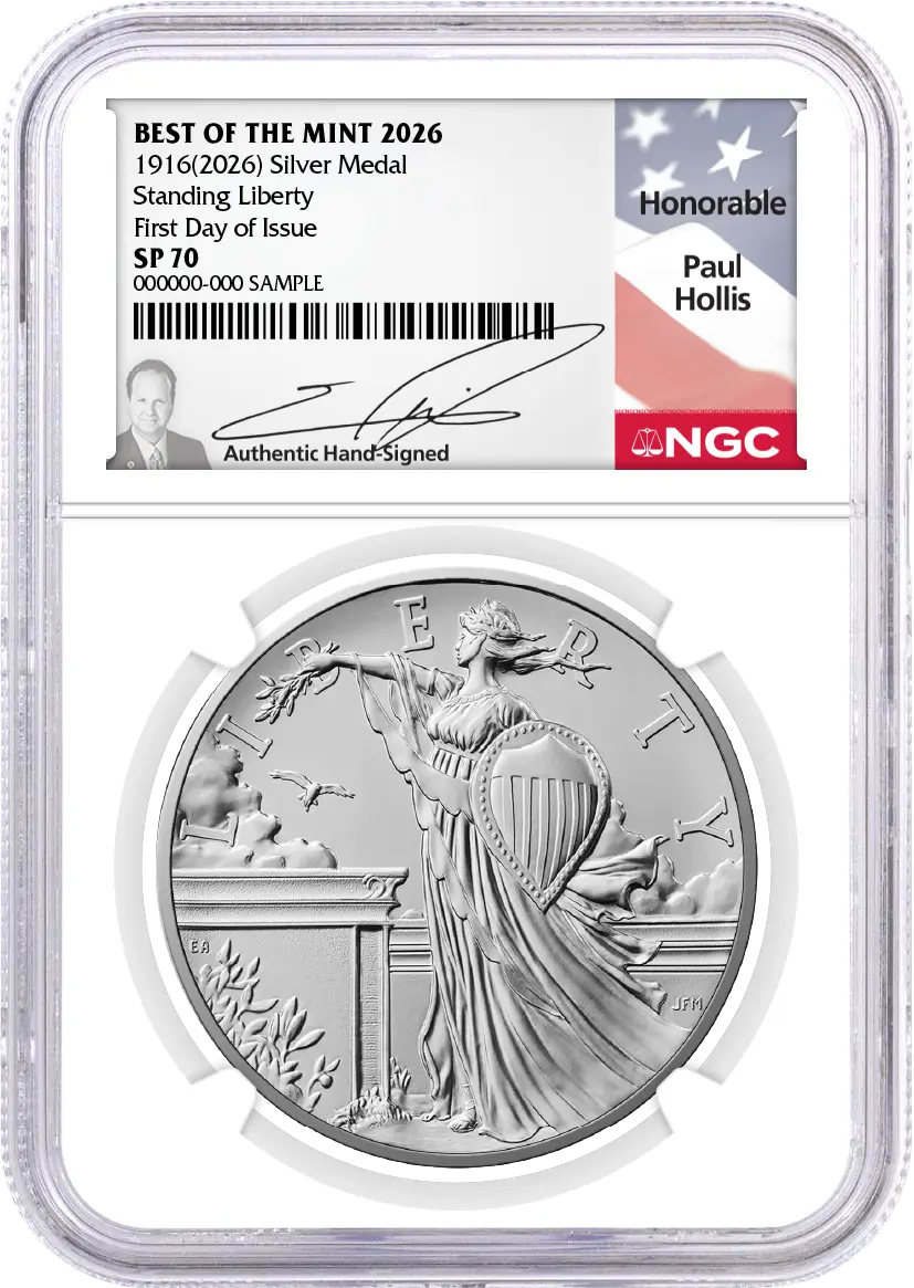 1916(2026) W 25C 24K Gold Standing Liberty Quarter with Liberty Bell Privy + Companion Silver Medal Best of the Mint NGC SP70 FDOI Hollis Signed Flag Label with Bonus 1776 2-Coin Display Case