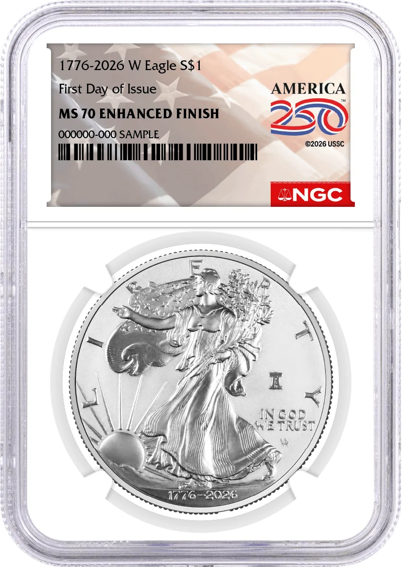 1776-2026 W $1 1 oz 250th Anniversary Liberty Bell Privy Enhanced Uncirculated Silver Eagle NGC MS70 First Day of Issue America250™ Label