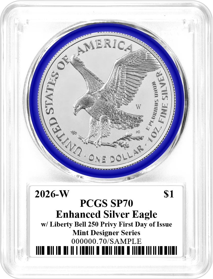 1776-2026 W $1 1 oz 250th Anniversary Liberty Bell Privy Enhanced Uncirculated Silver Eagle PCGS SP70 First Day of Issue Damstra Signed Mint Designer Series with Bonus 1776 Display Case