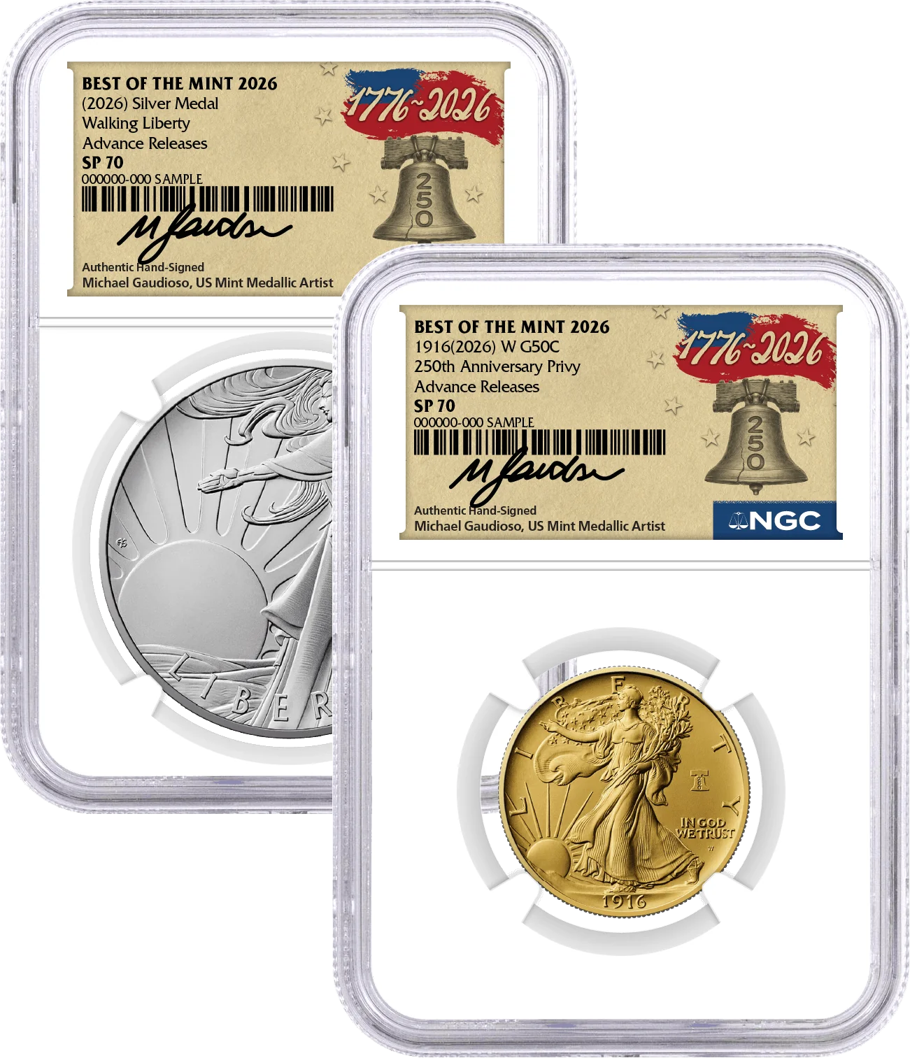 1916(2026) W 50C 24K Gold Walking Liberty Half Dollar with Liberty Bell Privy + Companion Silver Medal Best of the Mint NGC SP70 Advance Releases Gaudioso Signed 1776 Freedom Label with Bonus 1776 2-Coin Display Case