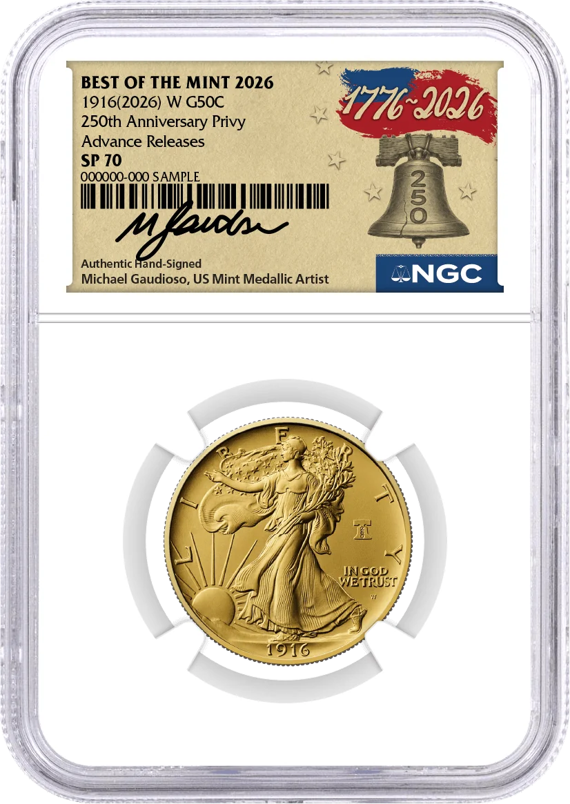 1916(2026) W 50C 24K Gold Walking Liberty Half Dollar with Liberty Bell Privy + Companion Silver Medal Best of the Mint NGC SP70 Advance Releases Gaudioso Signed 1776 Freedom Label with Bonus 1776 2-Coin Display Case