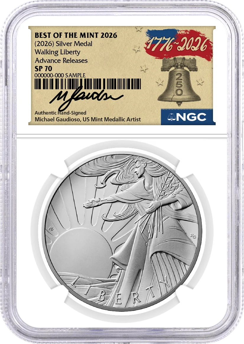 1916(2026) W 50C 24K Gold Walking Liberty Half Dollar with Liberty Bell Privy + Companion Silver Medal Best of the Mint NGC SP70 Advance Releases Gaudioso Signed 1776 Freedom Label with Bonus 1776 2-Coin Display Case