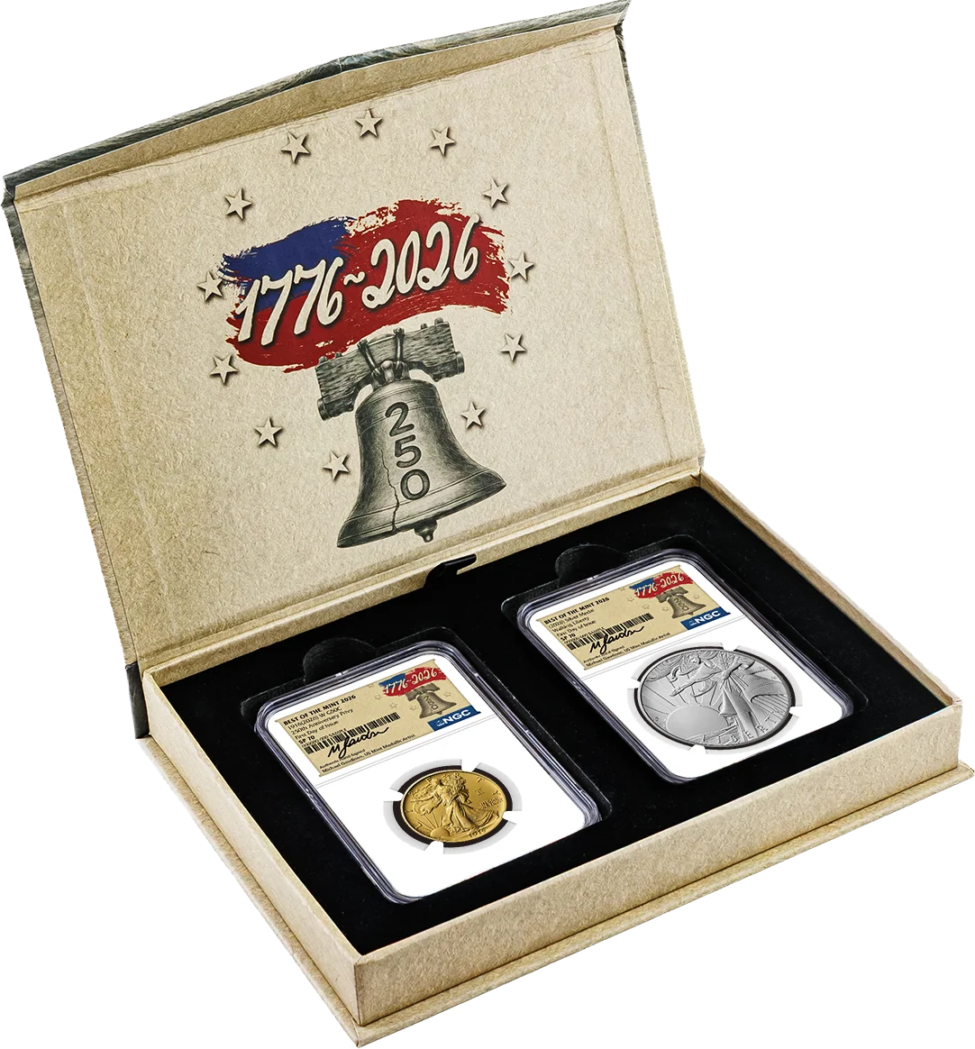 1916(2026) W 50C 24K Gold Walking Liberty Half Dollar with Liberty Bell Privy + Companion Silver Medal Best of the Mint NGC SP70 FDOI Gaudioso Signed 1776 Freedom Label with Bonus 1776 2-Coin Display Case