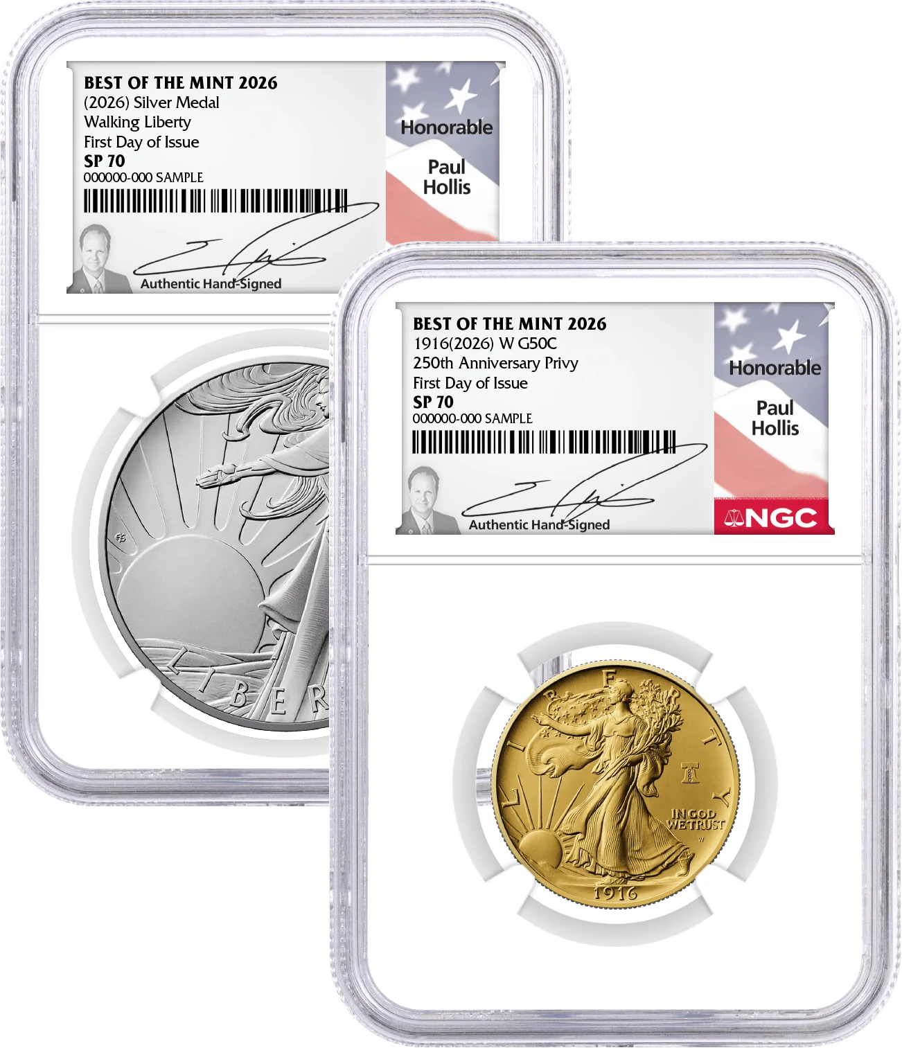 1916(2026) W 50C 24K Gold Walking Liberty Half Dollar with Liberty Bell Privy + Companion Silver Medal Best of the Mint NGC SP70 FDOI Hollis Signed Flag Label with Bonus 1776 2-Coin Display Case