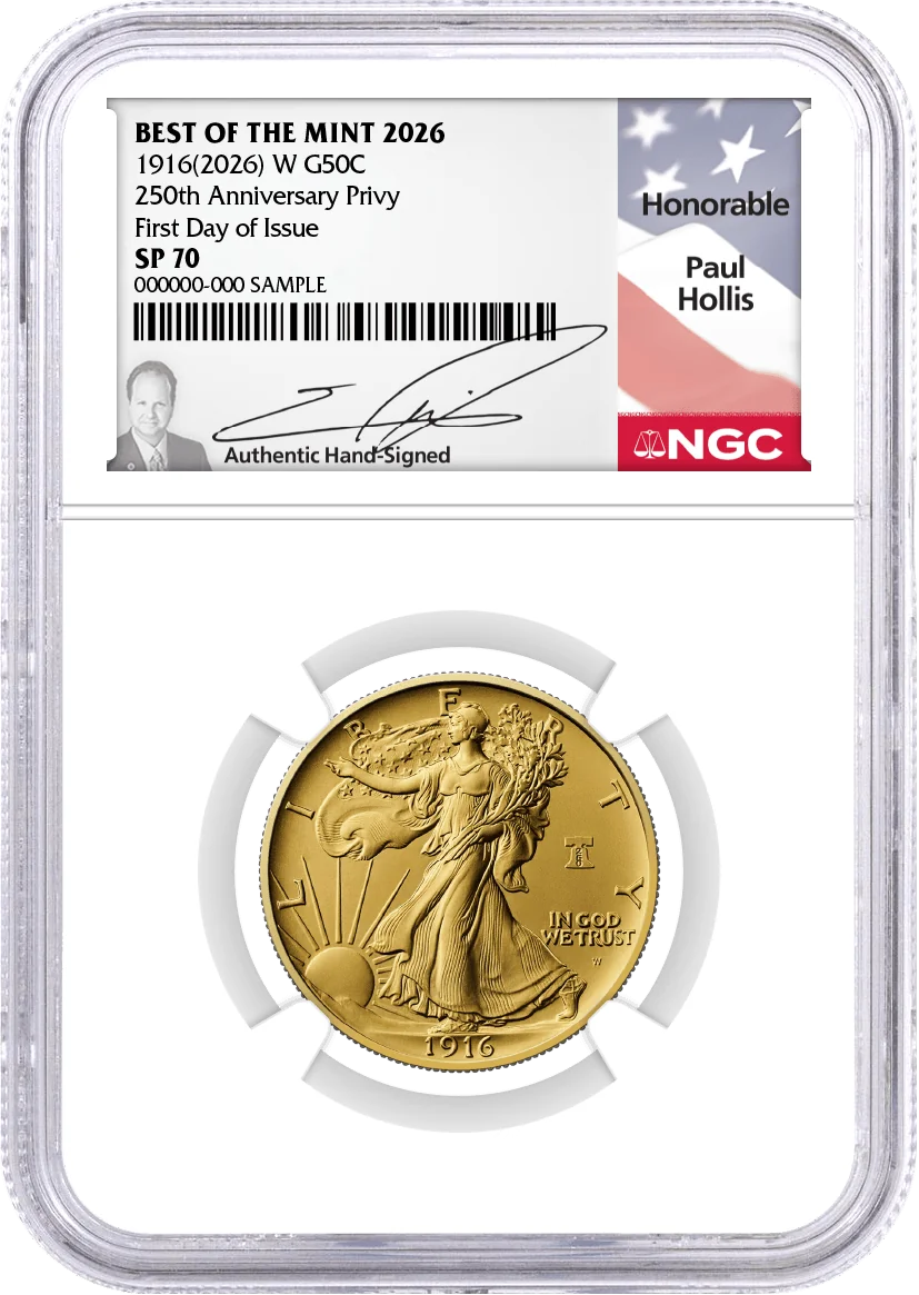 1916(2026) W 50C 24K Gold Walking Liberty Half Dollar with Liberty Bell Privy + Companion Silver Medal Best of the Mint NGC SP70 FDOI Hollis Signed Flag Label with Bonus 1776 2-Coin Display Case