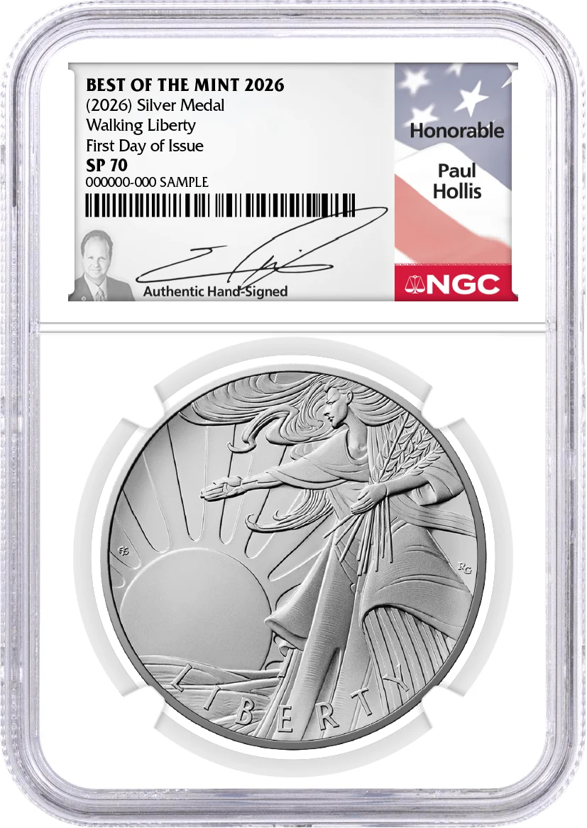 1916(2026) W 50C 24K Gold Walking Liberty Half Dollar with Liberty Bell Privy + Companion Silver Medal Best of the Mint NGC SP70 FDOI Hollis Signed Flag Label with Bonus 1776 2-Coin Display Case