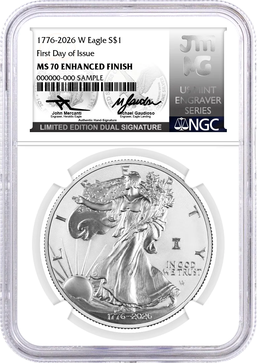 1776-2026 W $1 1 oz 250th Anniversary Liberty Bell Privy Enhanced Uncirculated Silver Eagle NGC MS70 First Day of Issue Mercanti/Gaudioso Signed Limited Edition Dual Signature U.S. Mint Engraver Series with Bonus 1776 Display Case