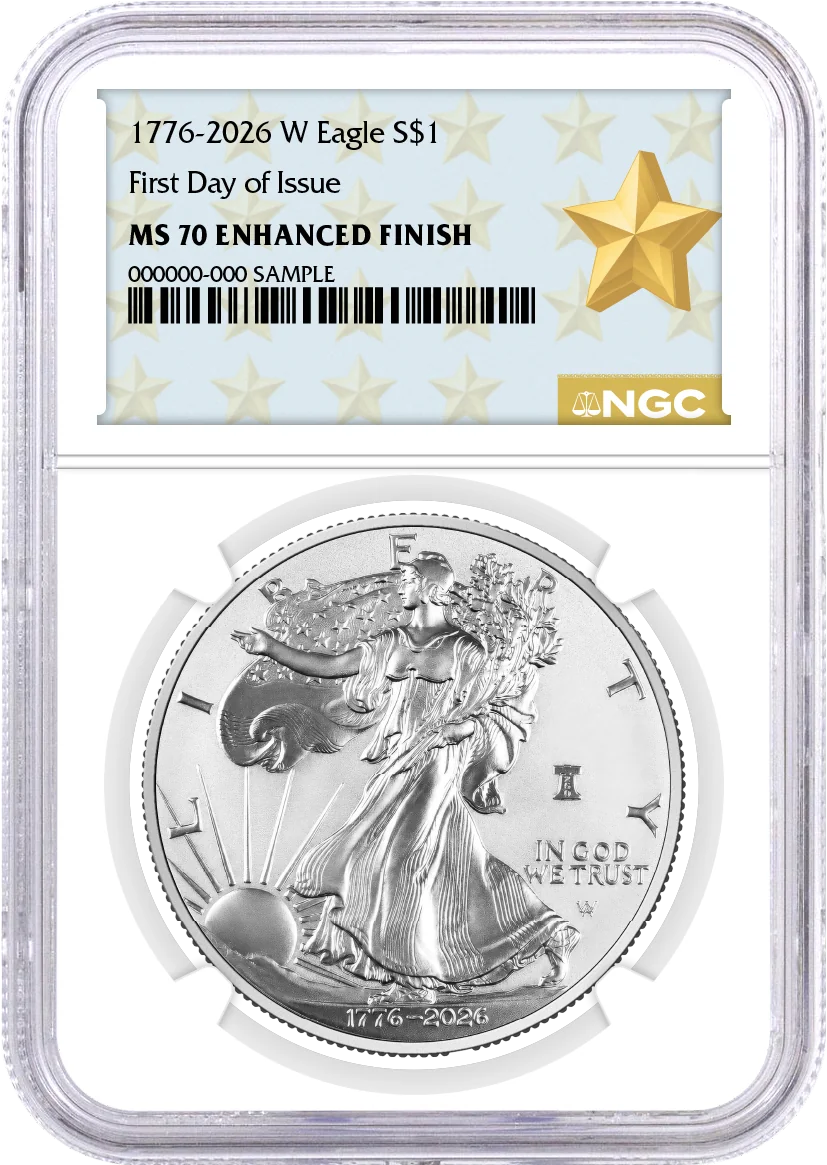 1776-2026 W $1 1 oz 250th Anniversary Liberty Bell Privy Enhanced Uncirculated Silver Eagle NGC MS70 First Day of Issue West Point Star Label