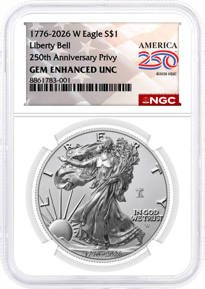 1776-2026 W $1 1 oz 250th Anniversary Liberty Bell Privy Silver Eagle NGC Gem Enhanced Uncirculated America250™ Label Original COA Included
