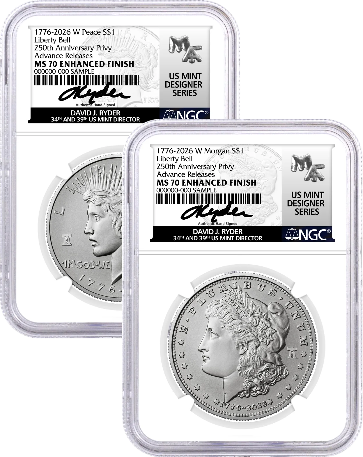 1776-2026 (W) $1 Enhanced Uncirculated Silver Morgan Dollar & Peace Dollar 2-Coin Set NGC MS70 Advance Releases Ryder Signed US Mint Designer Series with Bonus 1776 2-Coin Display Case