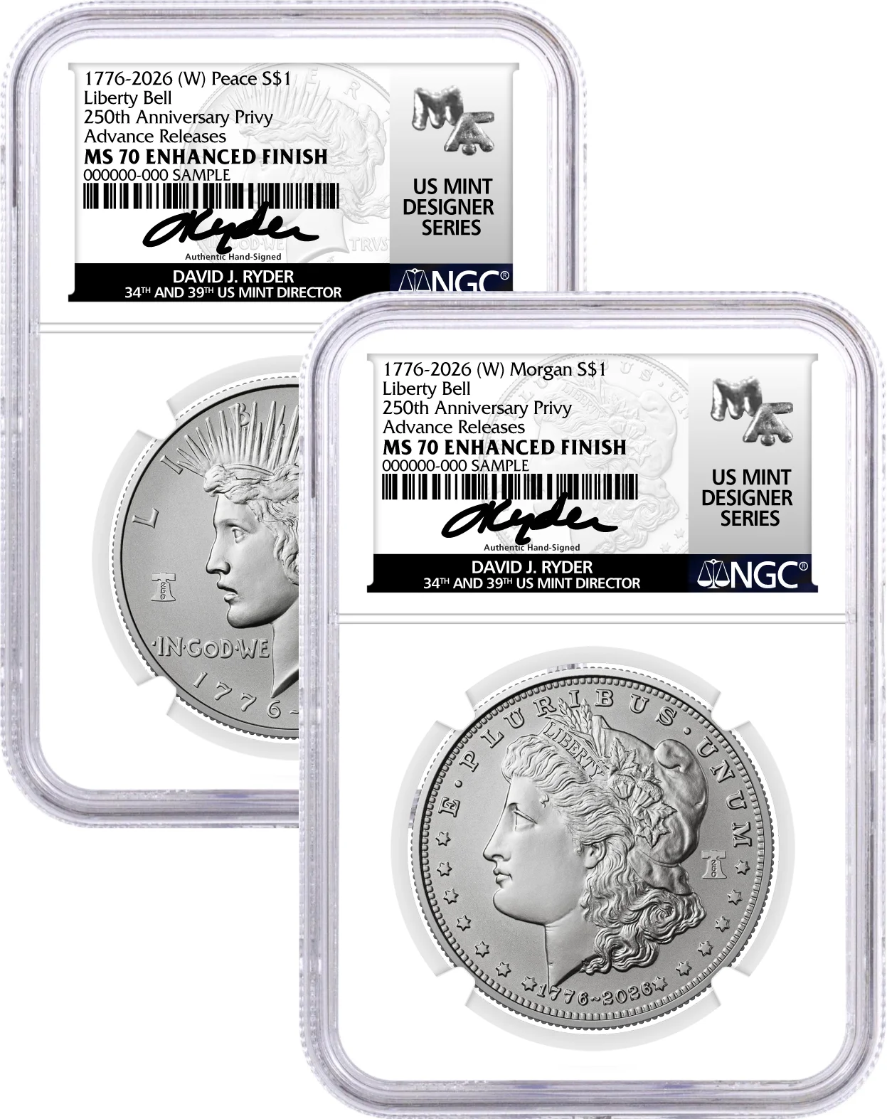1776-2026 (W) $1 Enhanced Uncirculated Silver Morgan Dollar & Peace Dollar 2-Coin Set NGC MS70 Advance Releases Ryder Signed US Mint Designer Series with Bonus 1776 2-Coin Display Case