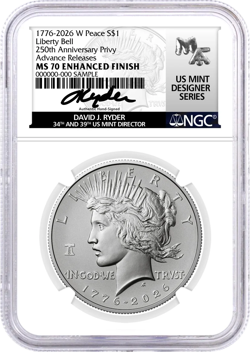 1776-2026 (W) $1 Enhanced Uncirculated Silver Morgan Dollar & Peace Dollar 2-Coin Set NGC MS70 Advance Releases Ryder Signed US Mint Designer Series with Bonus 1776 2-Coin Display Case