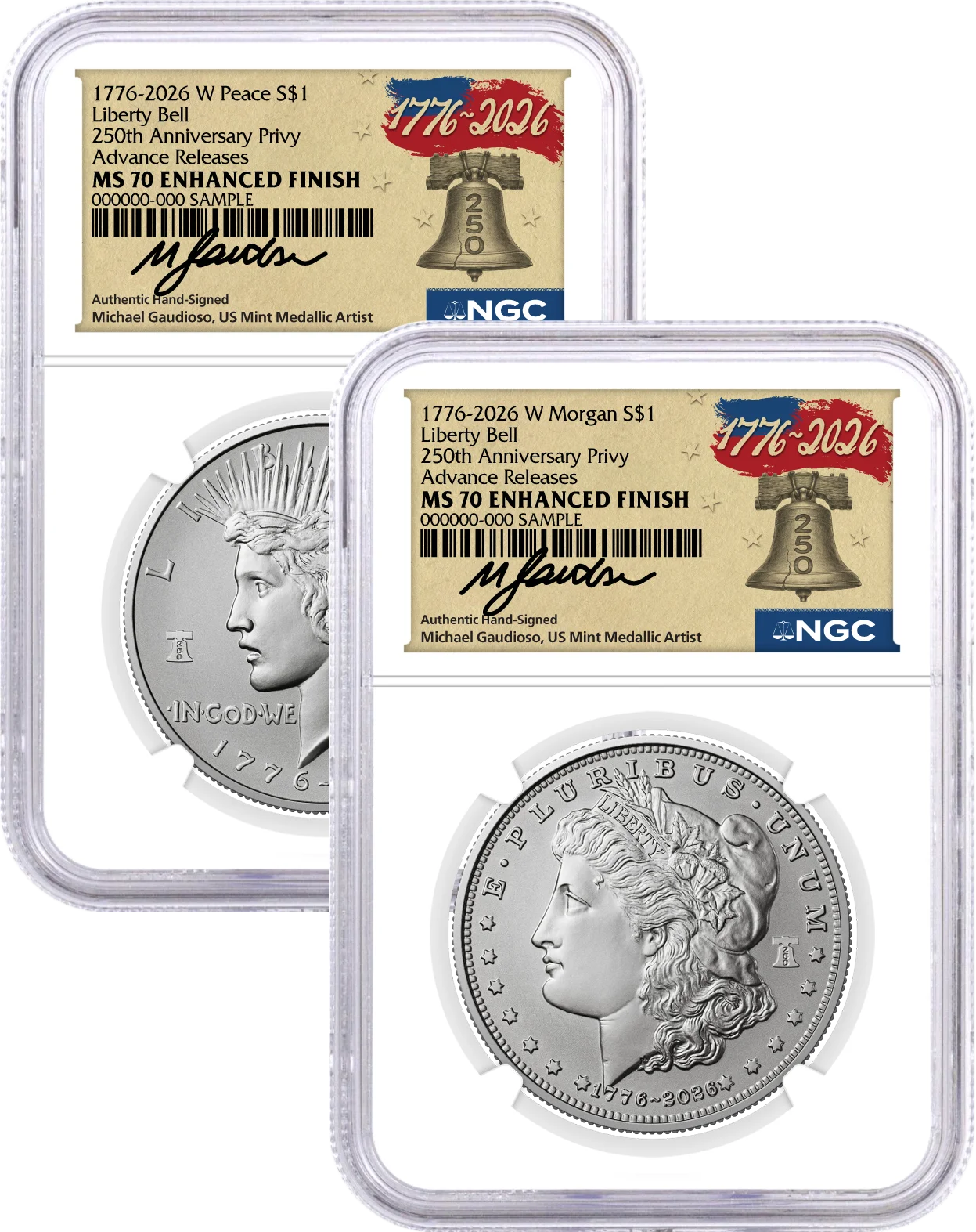 1776-2026 (W) $1 Enhanced Uncirculated Silver Morgan Dollar & Peace Dollar 2-Coin Set NGC MS70 Advance Releases Gaudioso Signed 1776 Freedom Label with Bonus 1776 2-Coin Display Case