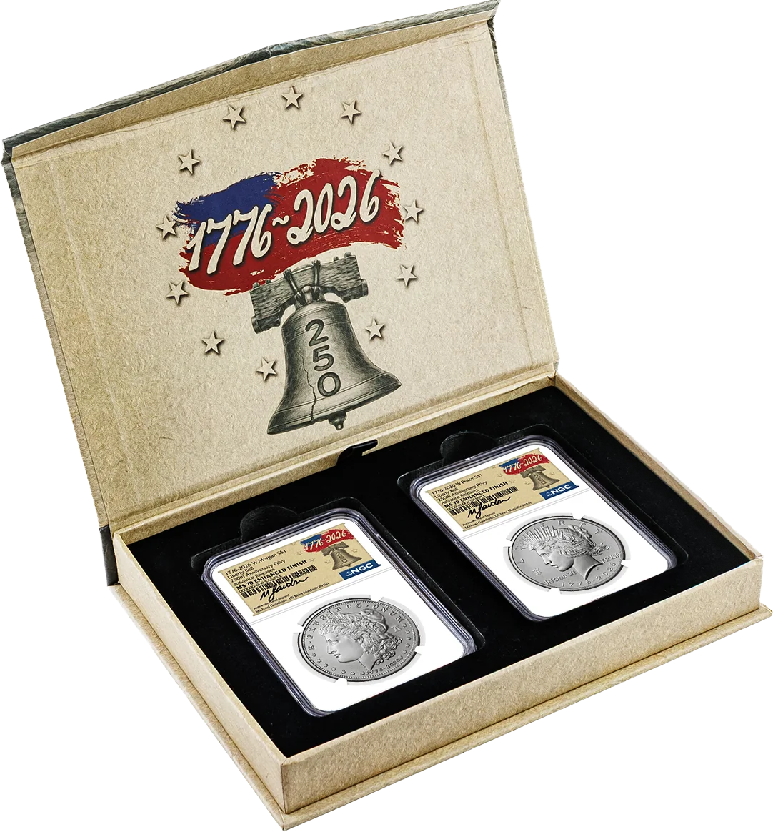 1776-2026 (W) $1 Enhanced Uncirculated Silver Morgan Dollar & Peace Dollar 2-Coin Set NGC MS70 Advance Releases Gaudioso Signed 1776 Freedom Label with Bonus 1776 2-Coin Display Case
