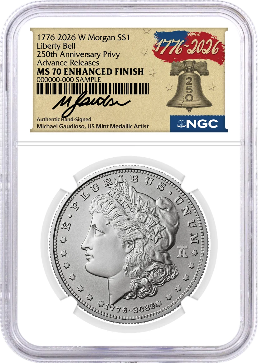 1776-2026 (W) $1 Enhanced Uncirculated Silver Morgan Dollar & Peace Dollar 2-Coin Set NGC MS70 Advance Releases Gaudioso Signed 1776 Freedom Label with Bonus 1776 2-Coin Display Case